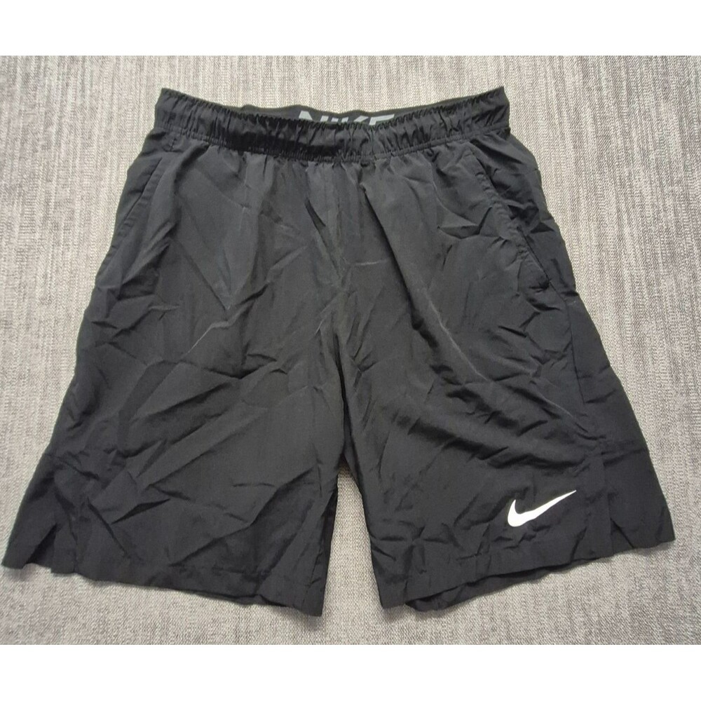 Nike men's black athletic shorts M white swoosh logo elastic waist drawstring
